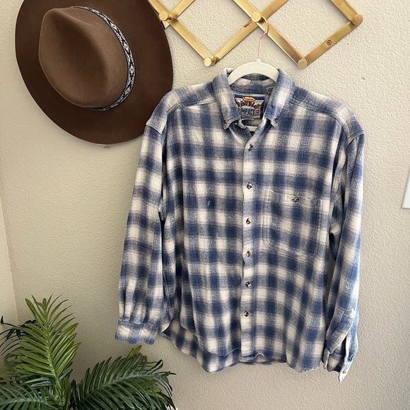 Vintage Tops - Vintage 90s Blue White Flannel Plaid Button Down Shirt Top Shacket Retro Western